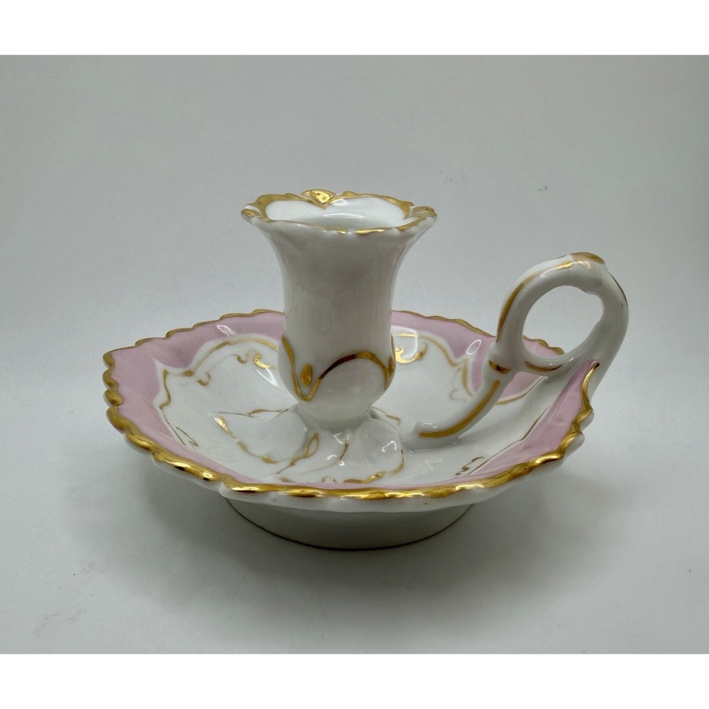 Antique Porcelain Chamberstick Candle Holder Pink Gold Gilt Finger Loop Mold 16